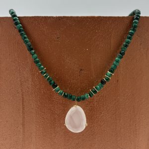 Perle de Malachite, monture or jaune. Pendentif Quartz poire.